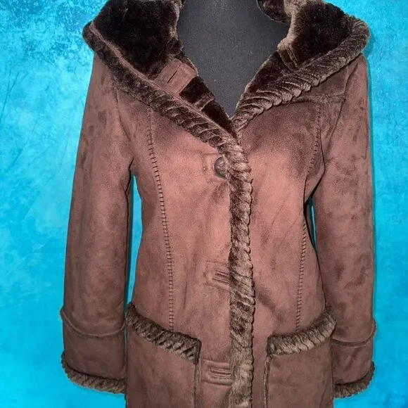 Vintage Brown Faux Shearling Hooded Coat - Picture 2 of 6